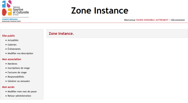 Interface de la "Zone instance" d'une association