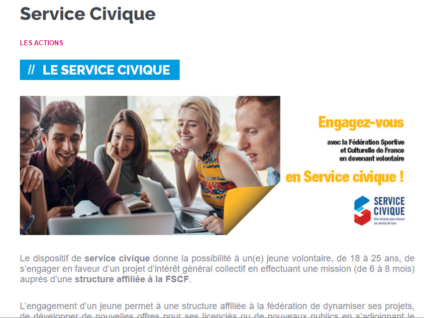 page du Service Civique de la FSCF